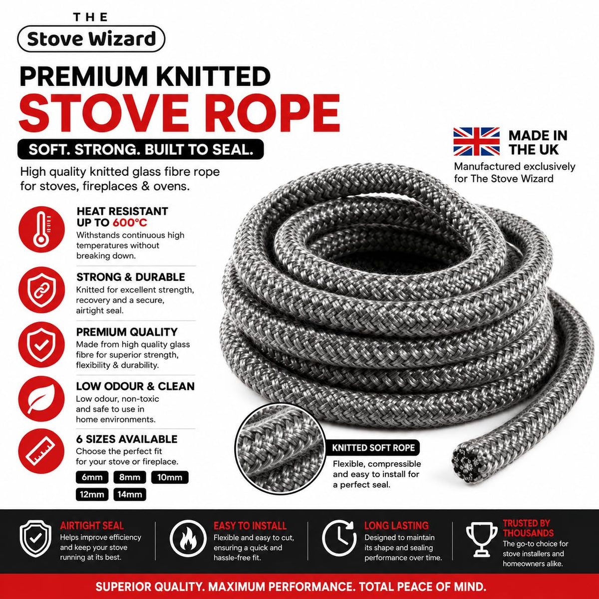 Stove Rope Kit 10mm x 2.5m Black 50ml Glue 100mm Tape