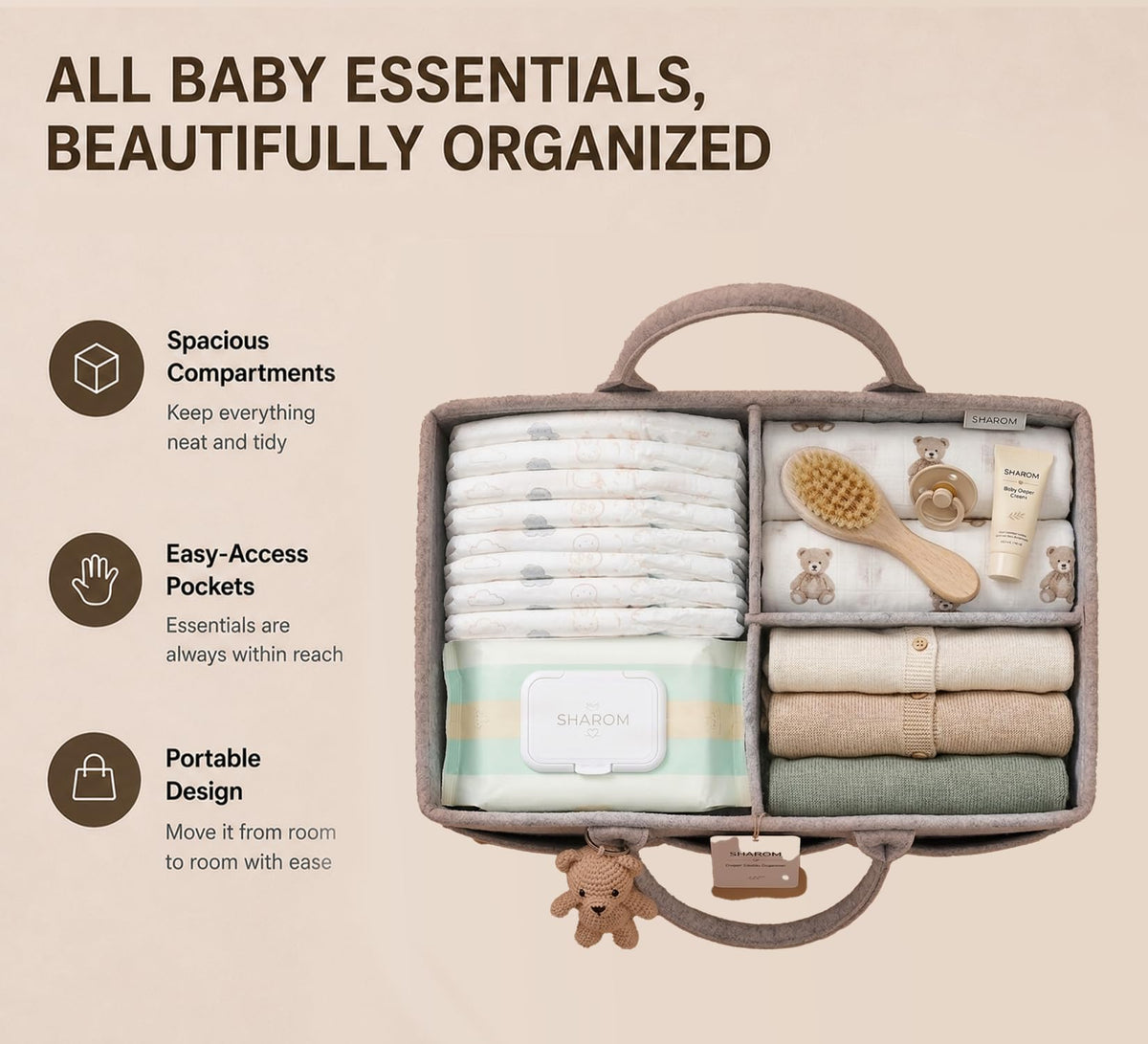 Essential Baby Caddy for Newborns. Spacious, Sturdy & Portable Diaper and Nappy Caddy for Newborn Essentials, Nursery Storage Basket & Organiser for Baby Shower Gifts & Registry Must-Haves Grey