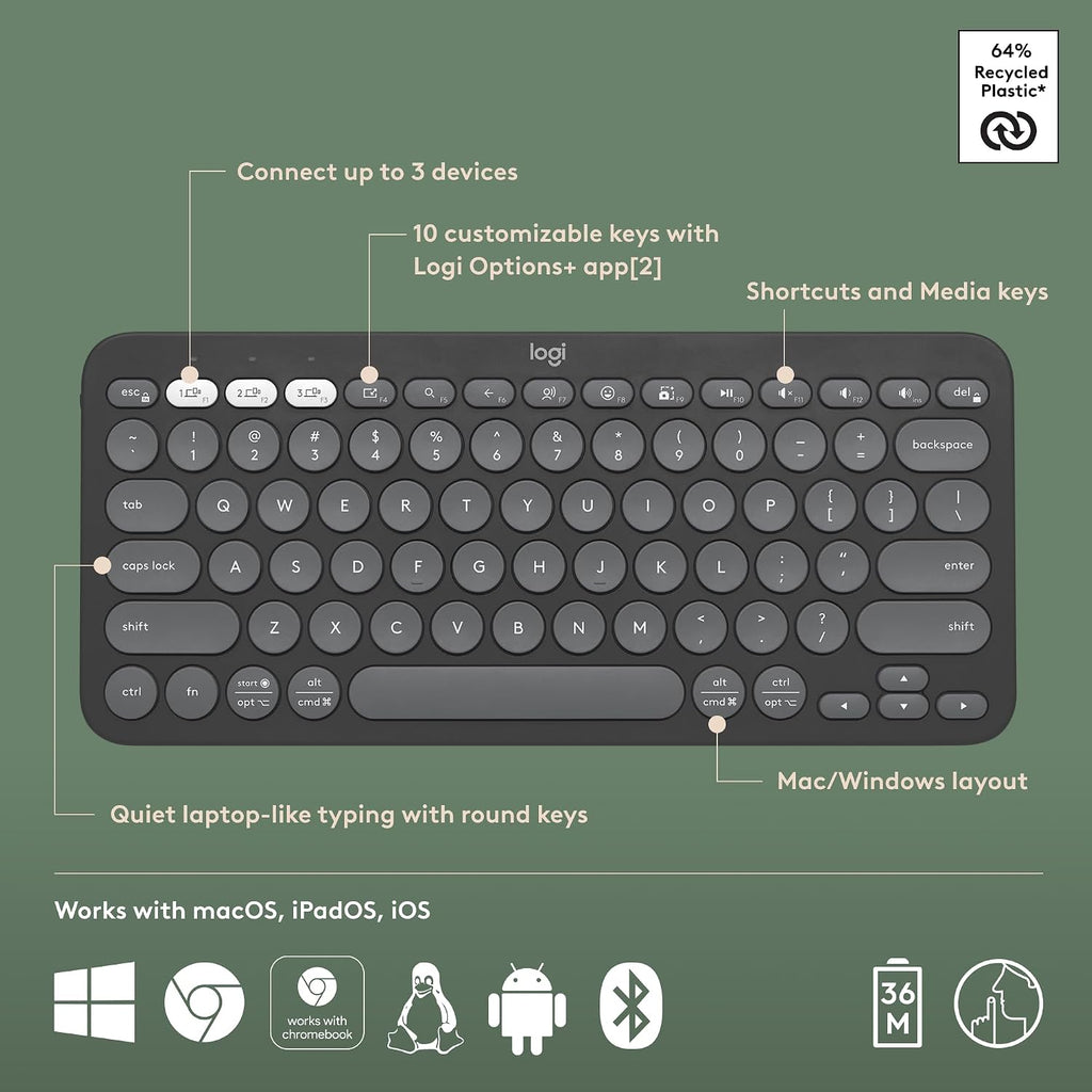 Logitech Pebble Keys 2 K380s, Multi-Device Bluetooth Wireless Keyboard