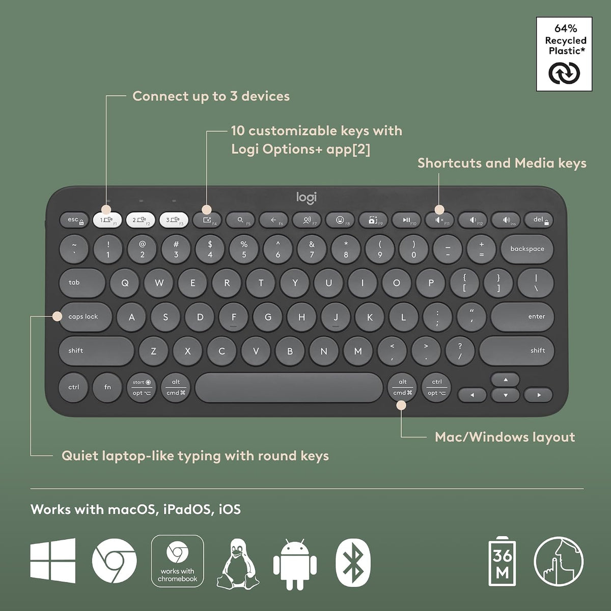 Logitech Pebble Keys 2 K380s, Multi-Device Bluetooth Wireless Keyboard