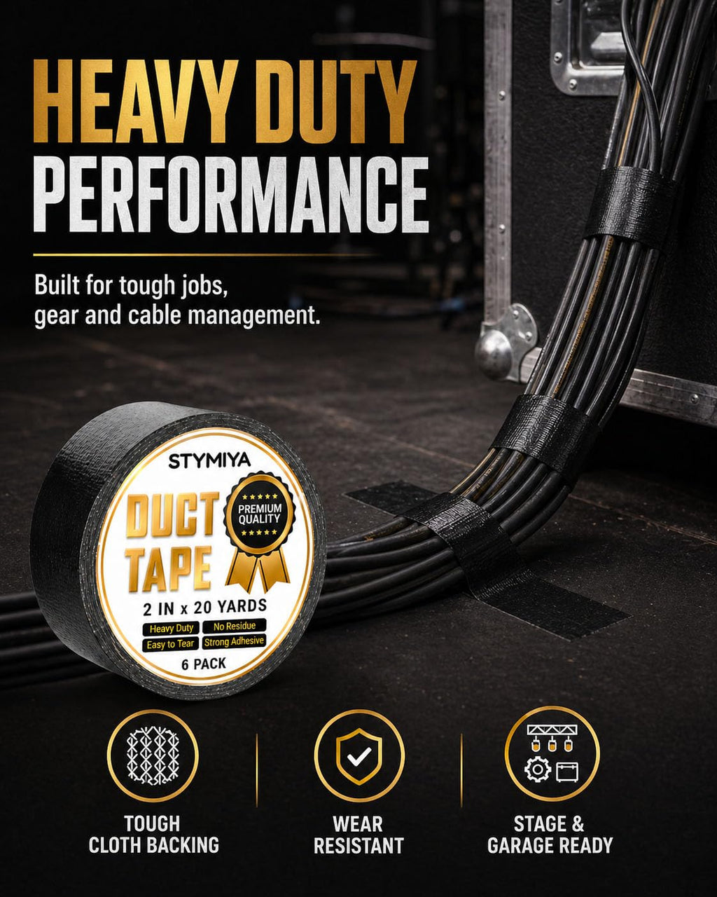 Black Duct Tape Heavy Duty: 3 Rolls 2inch x 20yd Wide Waterproof Outdoor - Strong Adhesive Weather Tapes Repair Bulk - Ductape for Patterns Masking Packing Furniture Kids Craft (3, Matte Black)