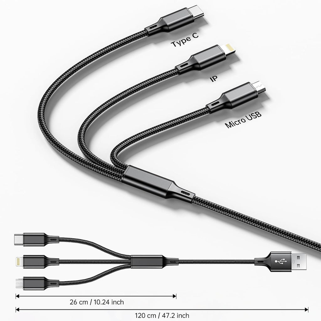 Multi Charging Cable 2 Packs 4FT,3A 3 in 1 Charging Cord for iPhone,Samsung