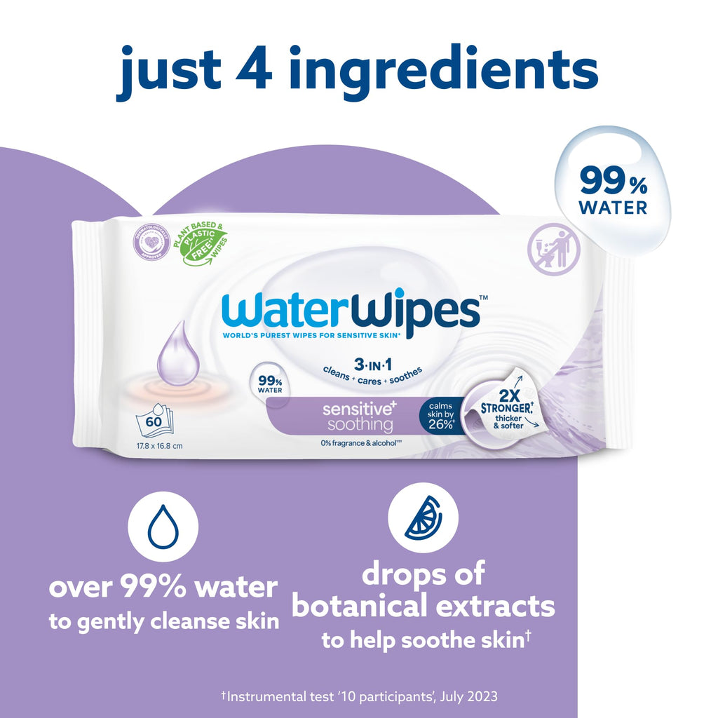WaterWipes Sensitive+ Soothing Wipes, 99% Water, Unscented, 6 Pack