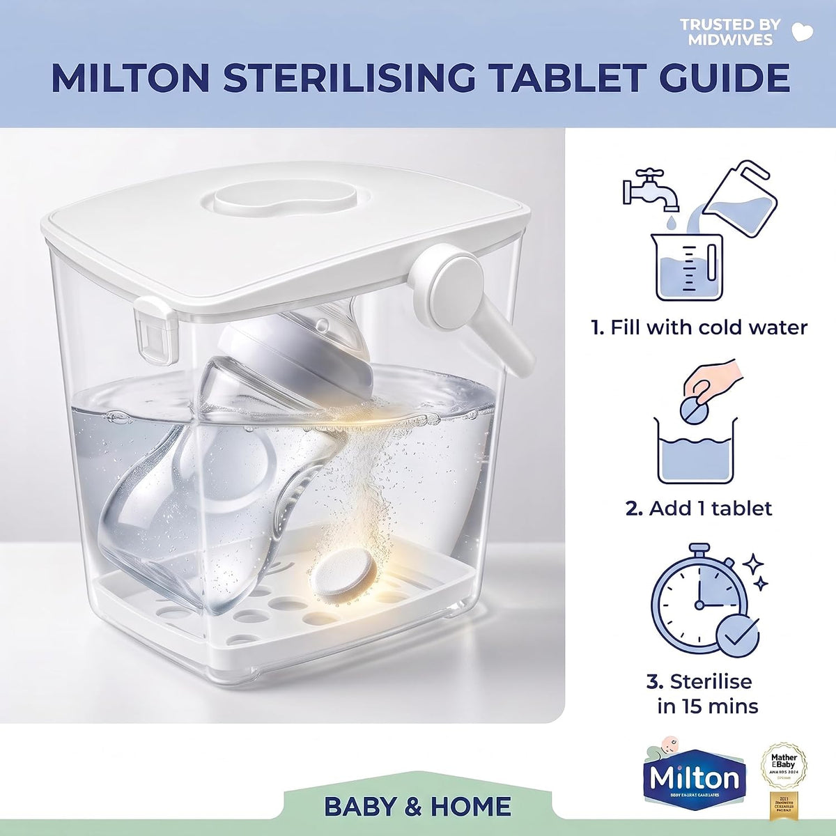 MiltonBaby Sterilising Tablets 28 Pack, Cold Water Steriliser Tablets for Baby Bottles, Teats, Breast Pump Parts and Soothers, Kills 99.9% of Germs in 15 Minutes, Rinse Free, Travel Friendly