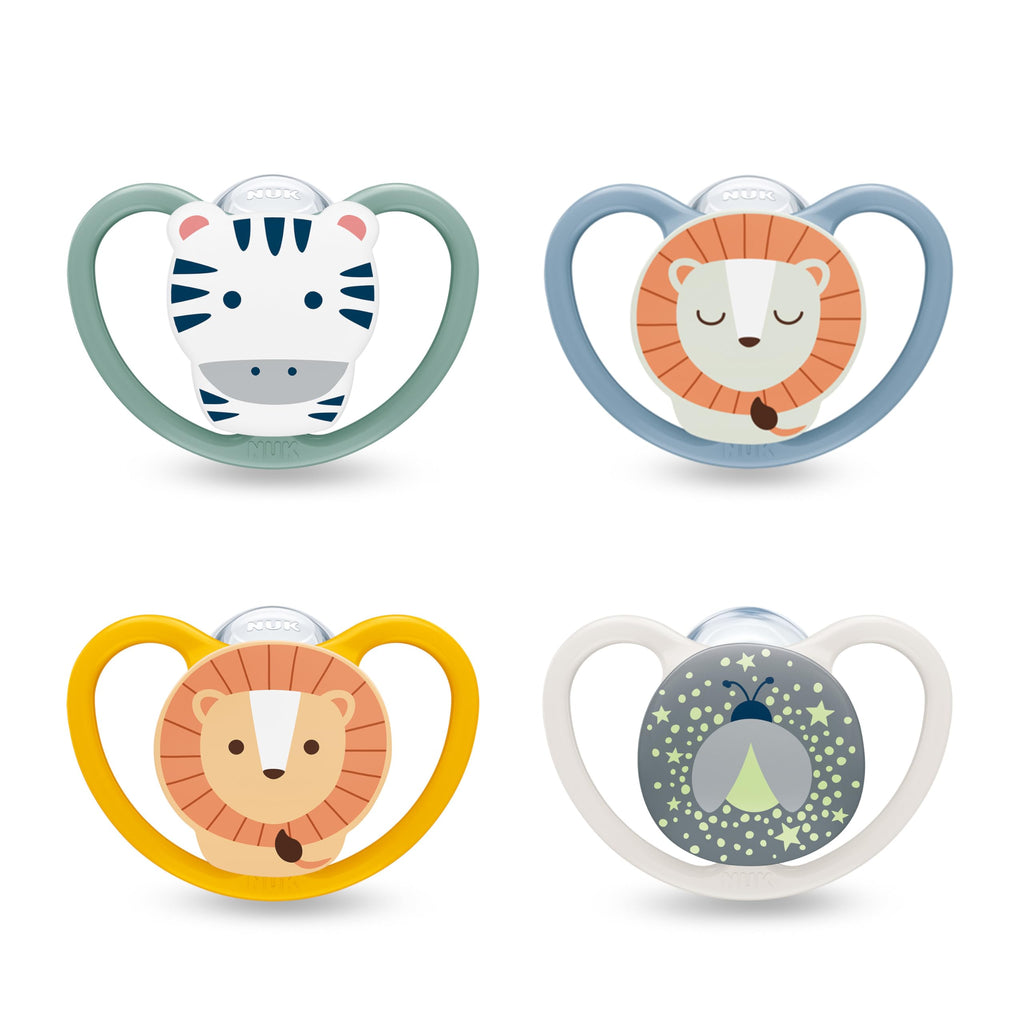 NUK Space Day & Night Baby Dummy | 6-18 Months | Glow-in-the-Dark Soothers with Extra Ventilation for Sensitive Skin | BPA-Free Silicone | Zebra & Lion | 4 Count