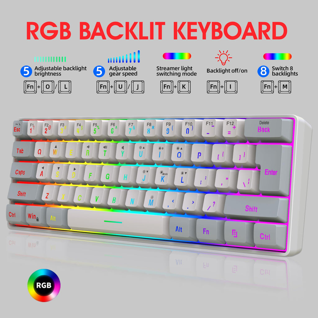 Snpurdiri 2.4G 60% Wireless Gaming Keyboard and Mouse Combo (White-Grey)