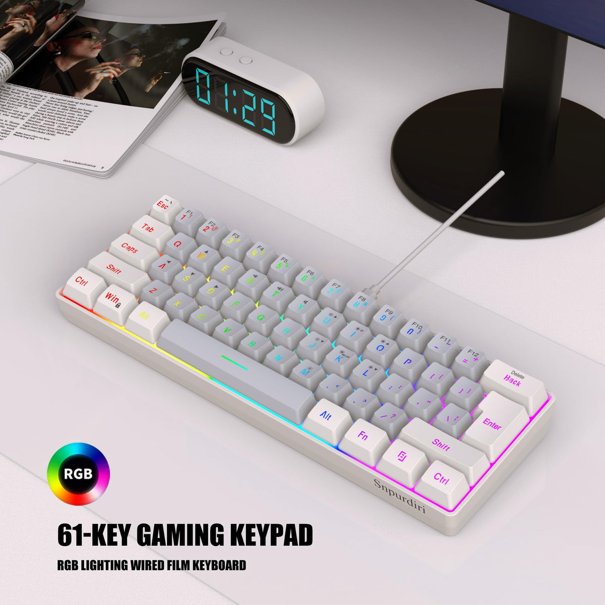 Snpurdiri 2.4G 60% Wireless Gaming Keyboard and Mouse Combo (White-Grey)