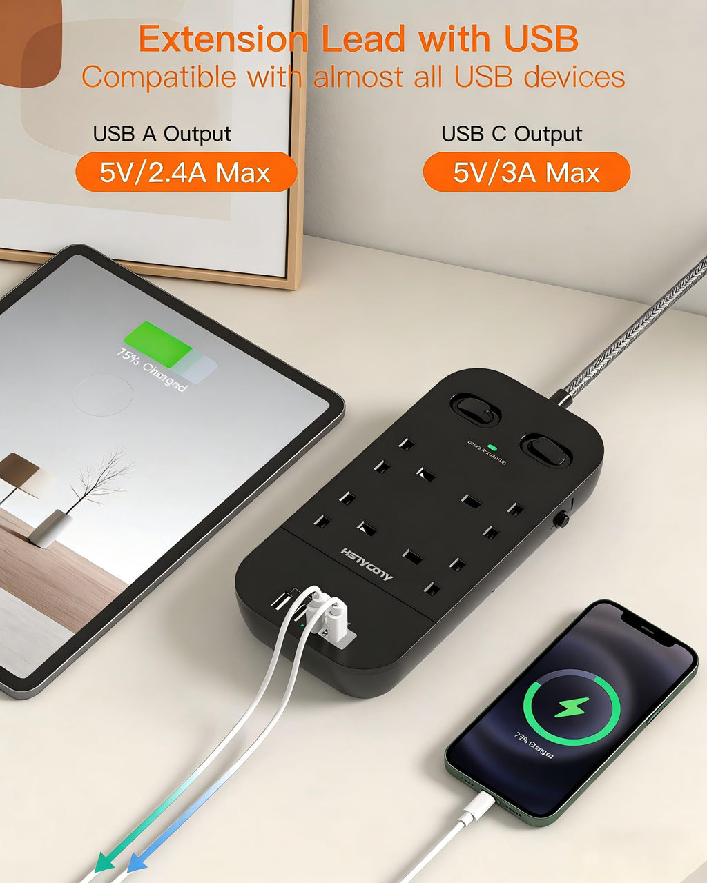 Extension Lead 5M, 4 Way Surge Protected Power Strip with USB C Slots