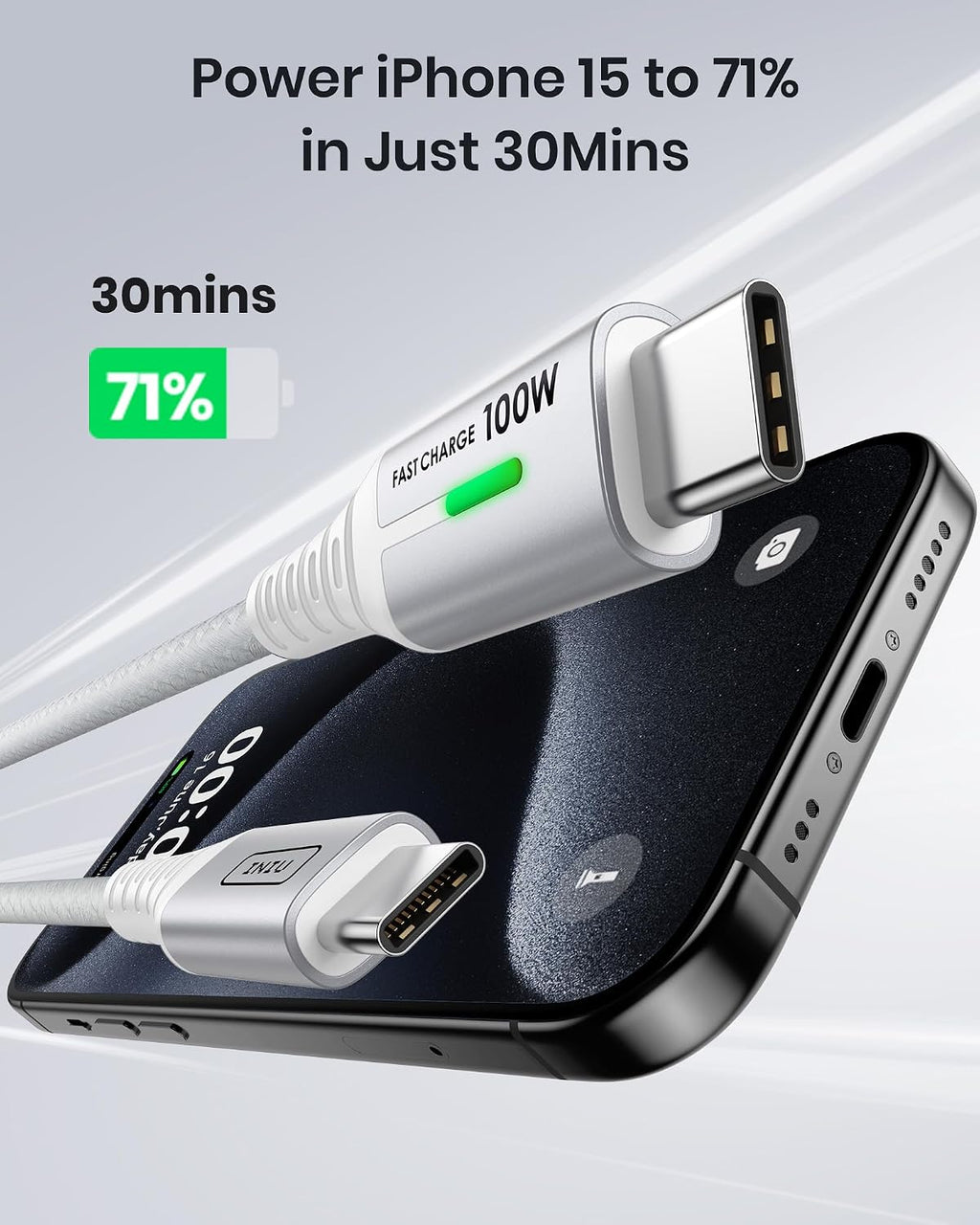 INIU USB C Cable, 2m White 100W Fast Charging Type C Cable