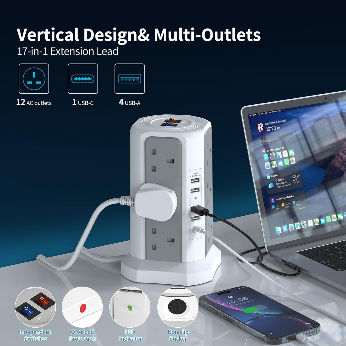 HAFINO Tower Extension Lead with USB Slots, PD18W USB C Fast Charger, 1.8M