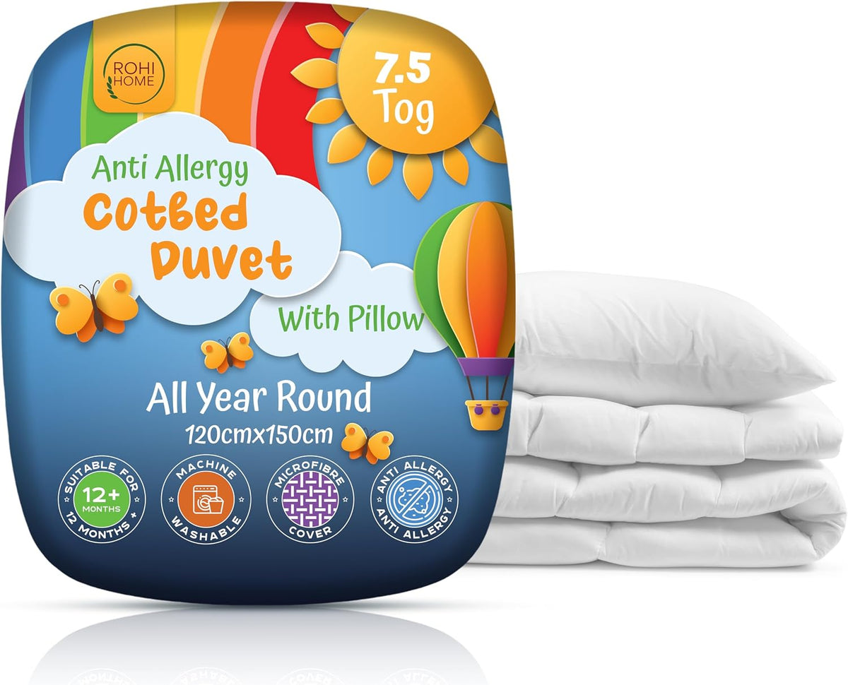 Rohi 7.5 Tog Cot Bed Duvet and Pillow Set – Microfibre Anti-Allergy Toddler Duvet & Pillow – Lightweight, Breathable & Ultra Comfy Baby Quilt 120cm x 150cm