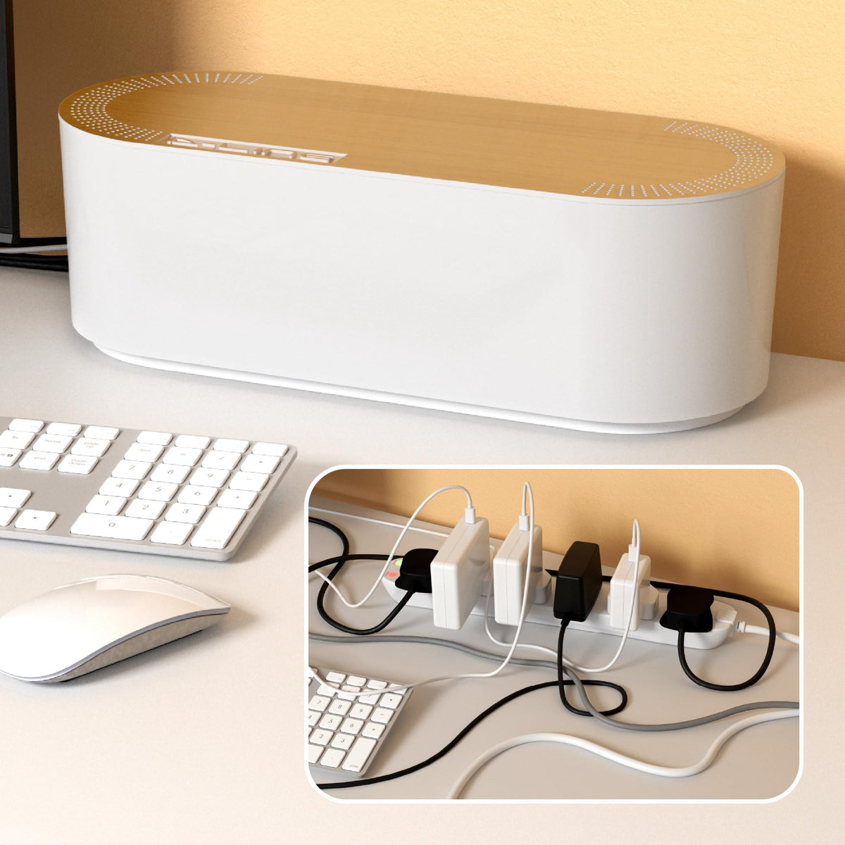D-Line Cable Tidy Box, Hide Extension Blocks, Desk Cable Management, Organise TV Cables - 415mm (L) x 165mm (W) x 135mm (H) - Large, White