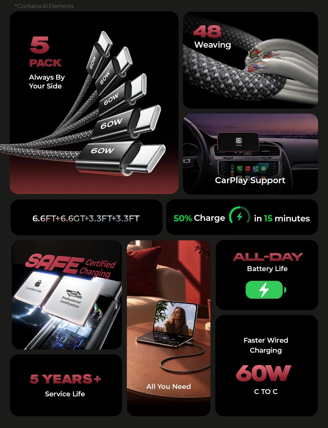 LISEN 5-Pack USBC Cables [3.3/3.3/6.6/6.6/10FT] for iPhone 16/15 Pro Max, Samsung S24/S23, iPad & MacBook Air/Pro - 60W (3.1A) Fast