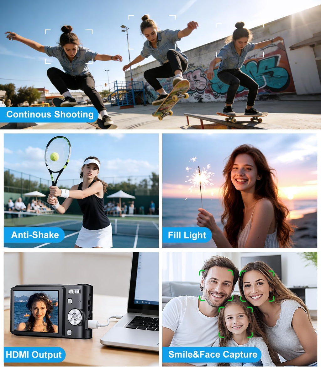 Digital Camera, 1080P FHD Vlogging Camera 50MP Compact Portable Photo Camera with 2.4" Screen, 16X Digital Zoom Mini Small Pocket Camera for Kids Students with 1 Battery, 16GB Card (Black)