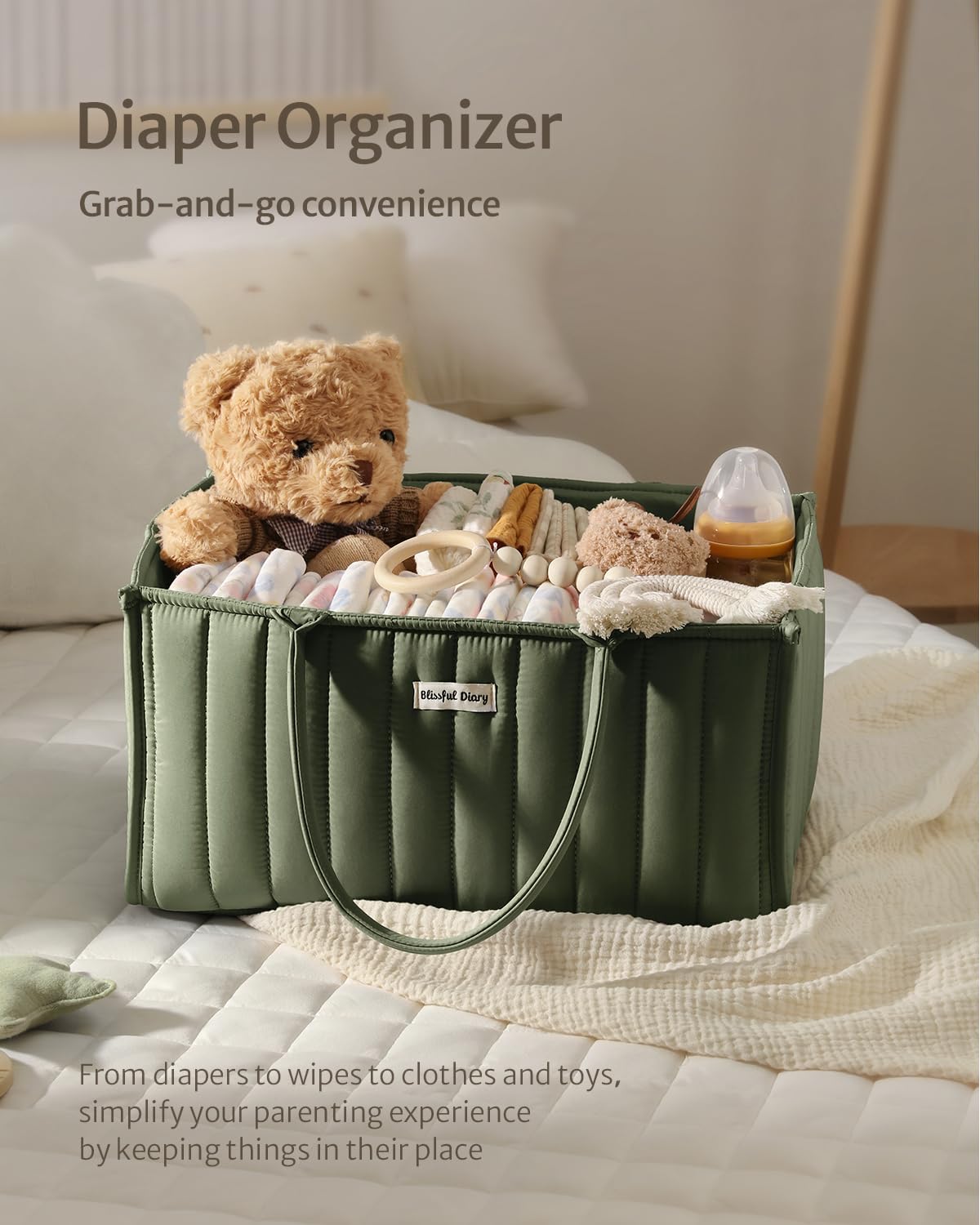 Blissful Diary Nappy Caddy Organiser, Baby Diaper Caddy for Nappy Station, Stylish Storage Basket for Newborn Essentials, Baby Shower Gifts for Girl or Boy, Sage Green