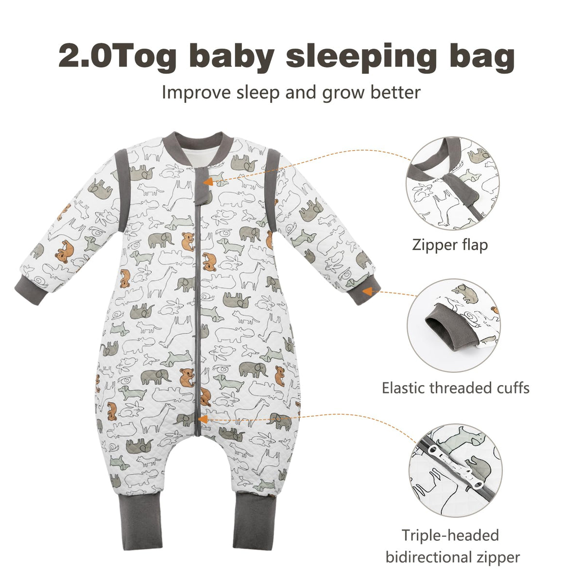 Baby Sleeping Bag with Feet, 2.0 Tog, Removable Sleeves 6-18 months
