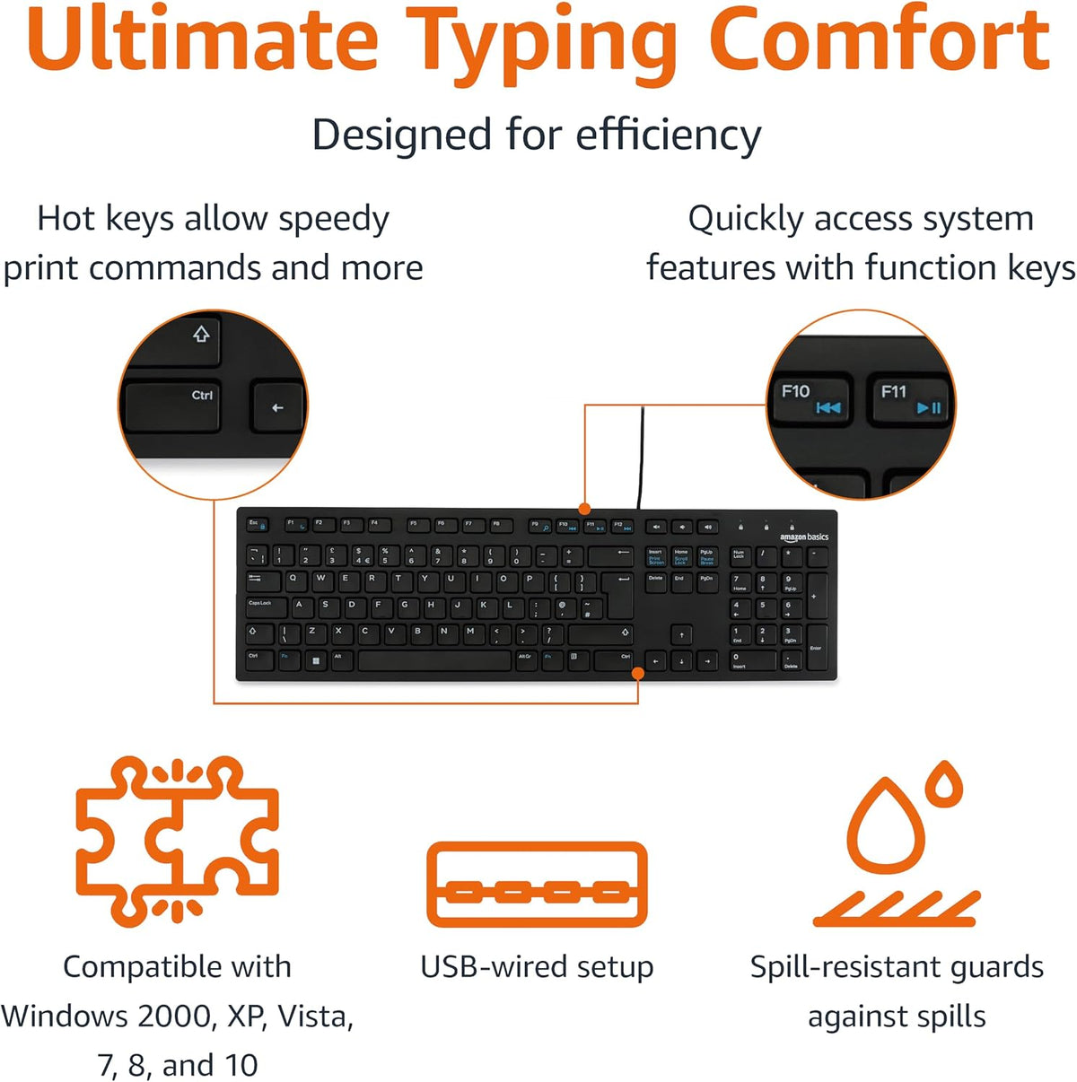 Amazon Basics Full size Wired Keyboard Compatible with Laptop PC Tablet, USB Plug-and-Play, QWERTY UK Layout, Matt Black