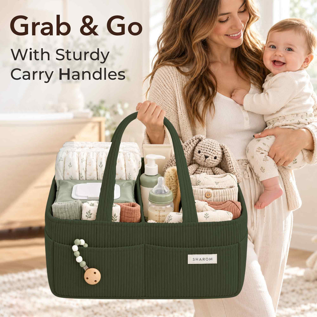 Essential Baby Caddy for Newborns. Spacious, Sturdy & Portable Diaper and Nappy Caddy for Newborn Essentials, Nursery Storage Basket & Organiser for Baby Shower Gifts & Registry Must-Haves Grey