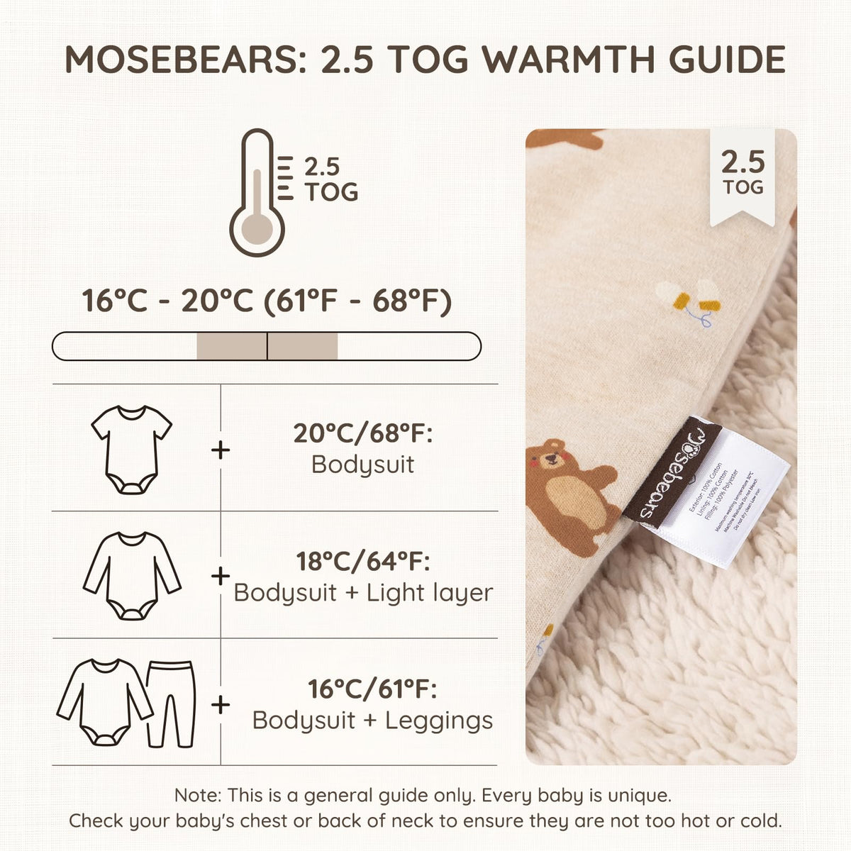 Mosebears Baby Sleeping Bag, 2.5 TOG Baby Sleep Sack with Legs,Winter Sleeping Bag with Removable Sleeves