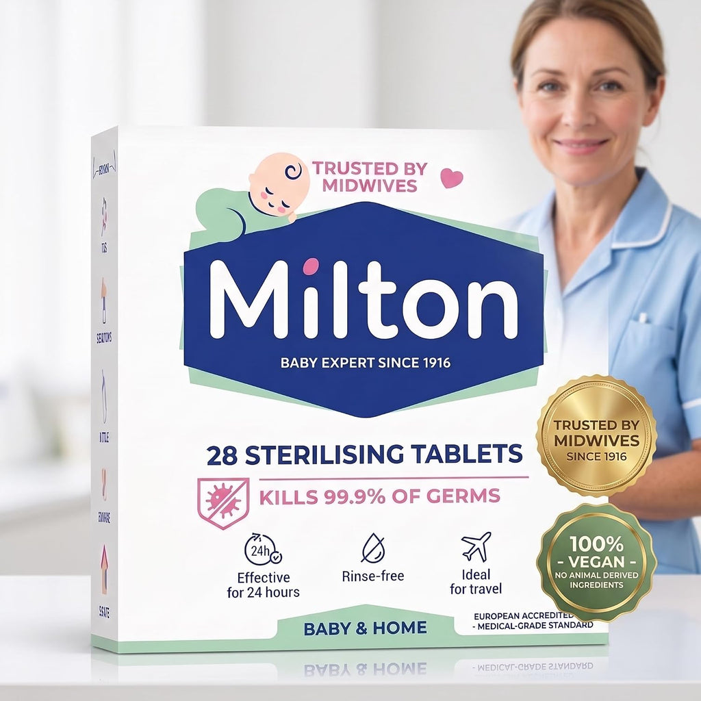MiltonBaby Sterilising Tablets 28 Pack, Cold Water Steriliser Tablets for Baby Bottles, Teats, Breast Pump Parts and Soothers, Kills 99.9% of Germs in 15 Minutes, Rinse Free, Travel Friendly