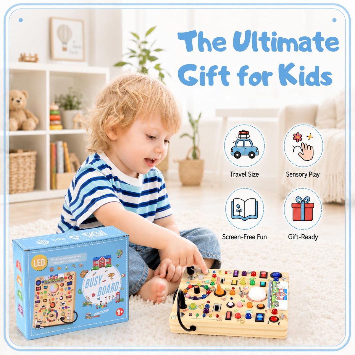 Busy Board with LED Light Switches, Montessori Toys for 1 2 3 Years Old, Toddlers Wooden Toy Sensory Activity Board, Travel Toys for 1+ Year Old Boy & Girl Birthday Gift