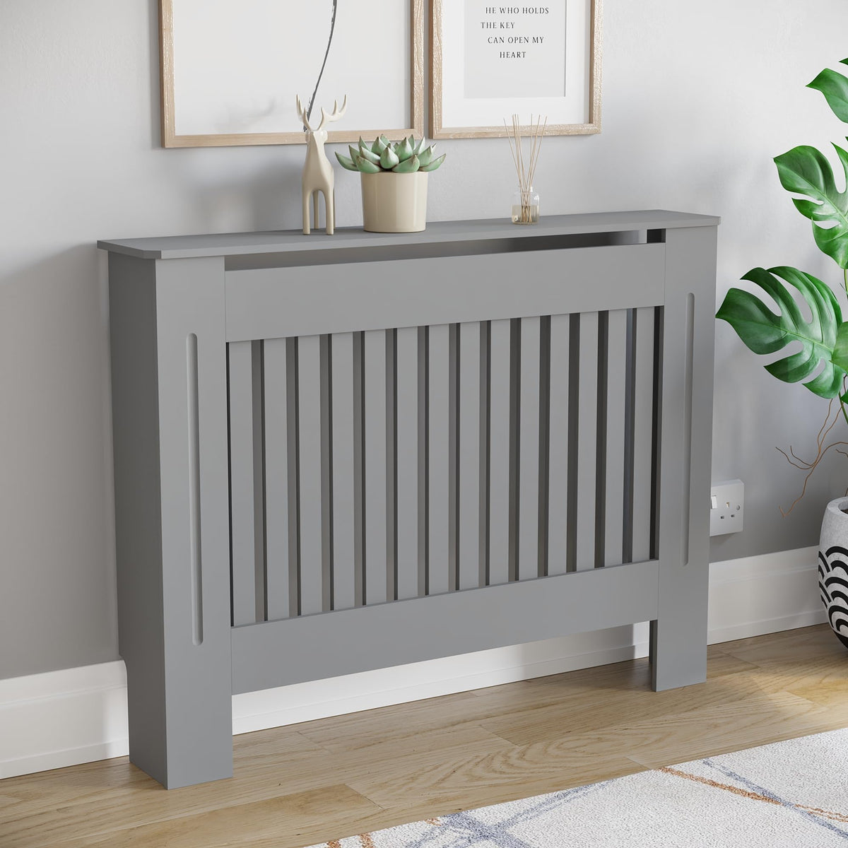 Vida Designs Chelsea Radiator Cover White - Medium - Modern Vertical Slat Design For Optimal Heat Circulation - H82xW111xD19cm - Painted MDF Cabinet Ideal For Living Room & Hallway