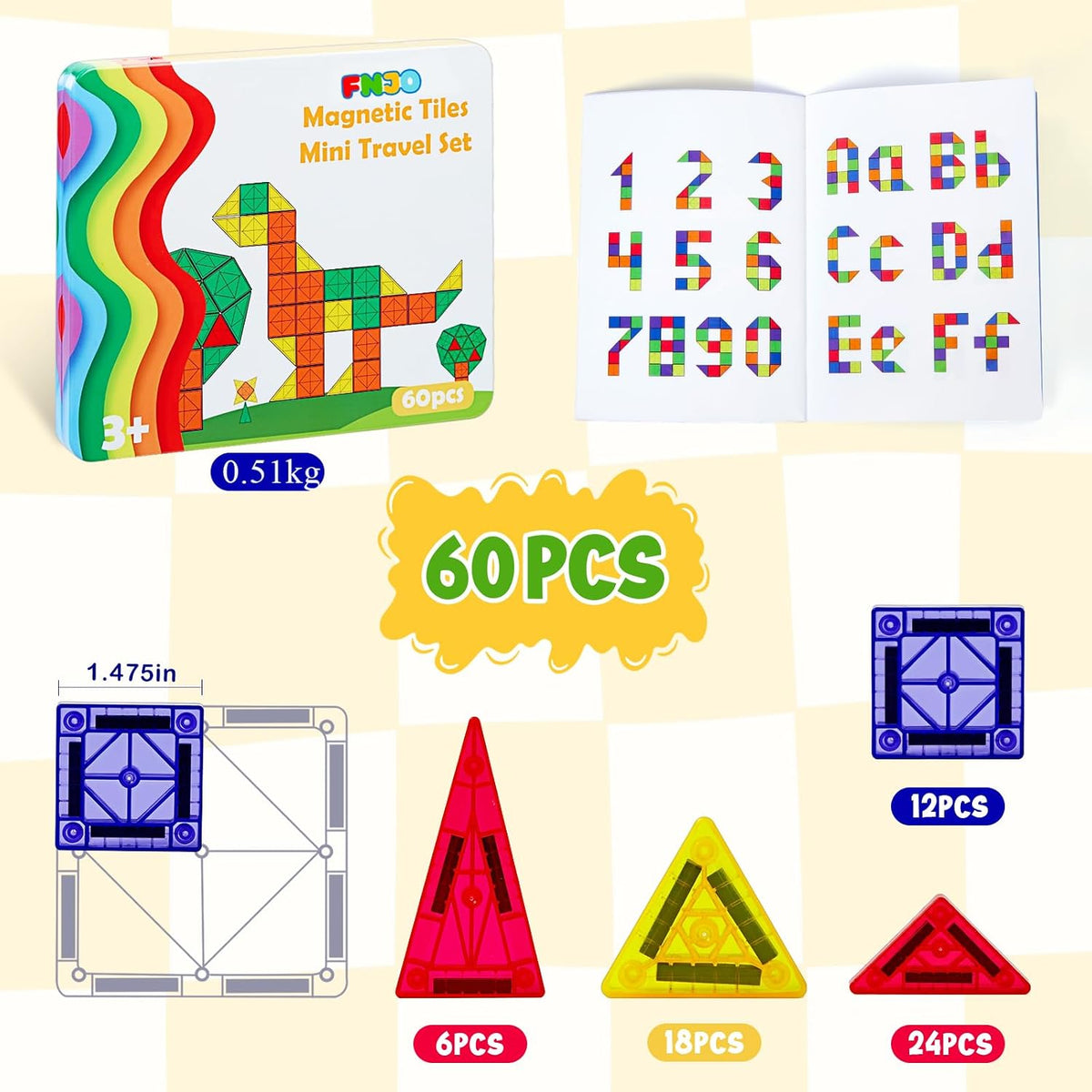 FNJO Mini Magnetic Tiles, 60PCS STEM Building Blocks Toy for Kids