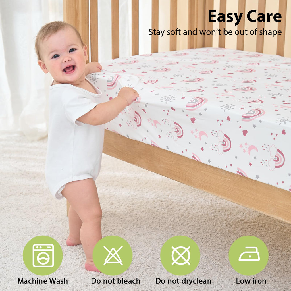 Next to Me Crib Sheets 85x51cm Fitted, 3 Pack Baby Cot Sheets, Ultral Soft & Silky Smooth Microfiber Bedside Crib Fitted Sheets Pink Rainbow