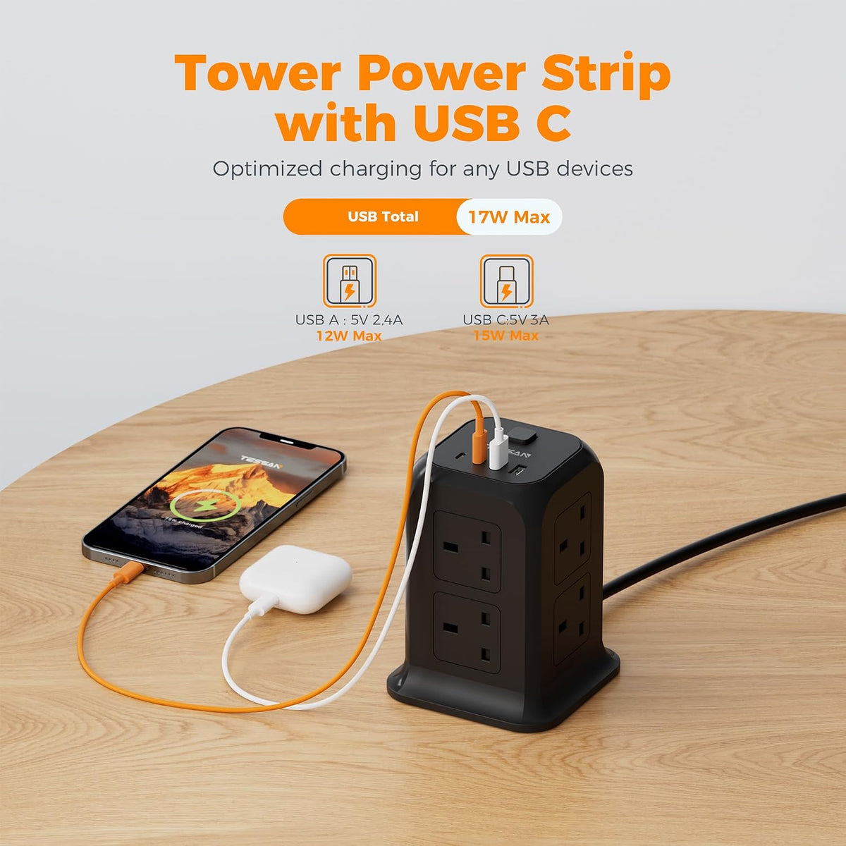 TESSAN 8 Way Black Tower Extension Lead 2M with 4 USB Slots (2 USB C)