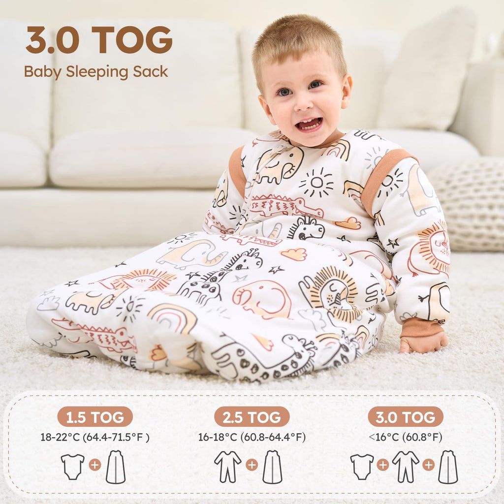 Yoofoss Baby Sleeping Bag 3.0 TOG - 6-12 Months Winter Sleeping Bag Baby with Removable Long Sleeves 100% Organic Cotton Sleep Sack Newborn Infant Toddler Giraffe