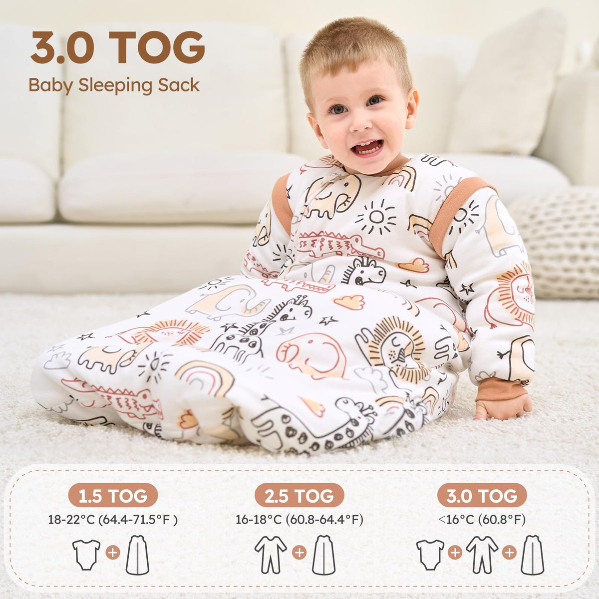 Yoofoss Baby Sleeping Bag 3.0 TOG - 6-12 Months Winter Sleeping Bag Baby with Removable Long Sleeves 100% Organic Cotton Sleep Sack Newborn Infant Toddler Giraffe