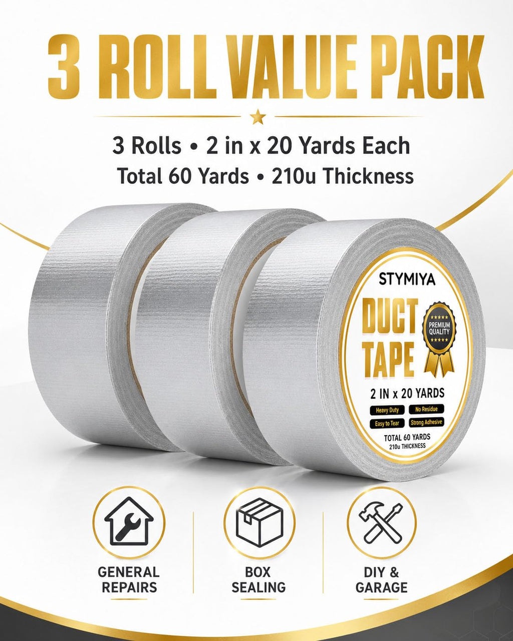 Black Duct Tape Heavy Duty: 3 Rolls 2inch x 20yd Wide Waterproof Outdoor - Strong Adhesive Weather Tapes Repair Bulk - Ductape for Patterns Masking Packing Furniture Kids Craft (3, Matte Black)