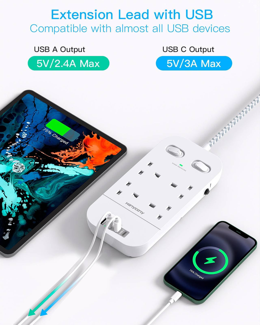 Extension Lead 5M, 4 Way Surge Protected Power Strip with USB C Slots