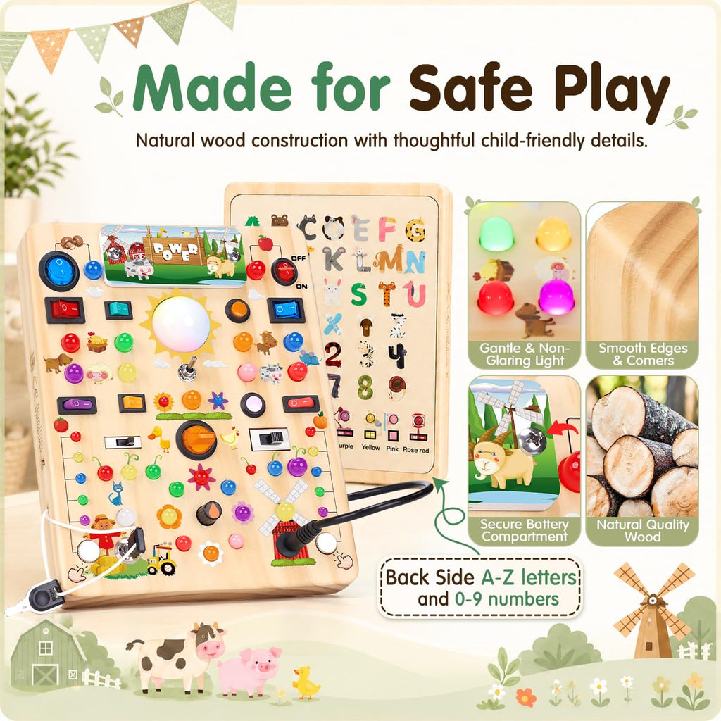 Busy Board with LED Light Switches, Montessori Toys for 1 2 3 Years Old, Toddlers Wooden Toy Sensory Activity Board, Travel Toys for 1+ Year Old Boy & Girl Birthday Gift