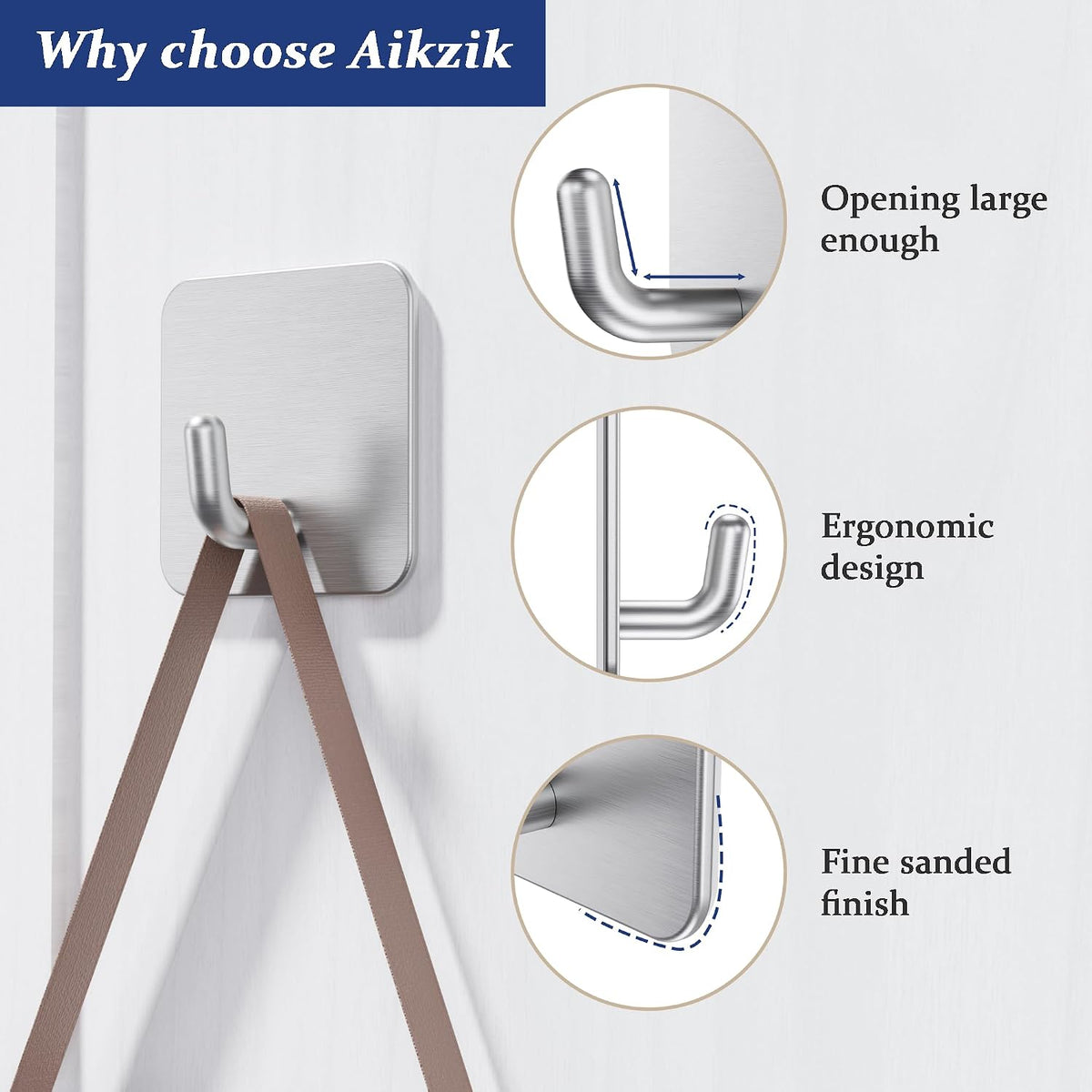 Aikzik 6 Pack Self Adhesive Hooks, Stainless Steel Sticky Hook Heavy Duty, Over 8kg Load - Hooks for Hanging for Towel, Coat, Key, Stick on Bathroom, Kitchen, Door and Wall