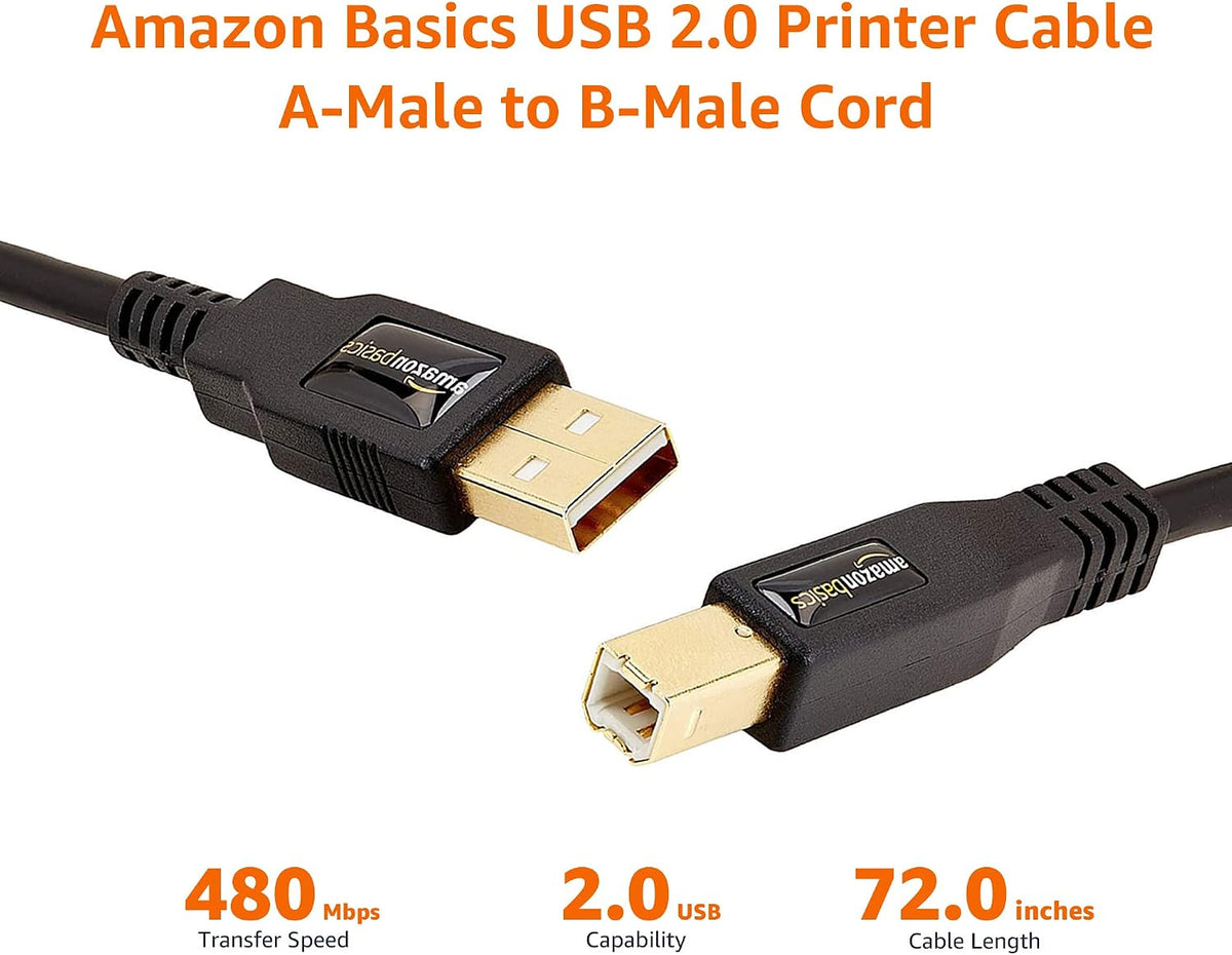 Amazon Basics USB Printer Cable, USB-A to USB-B 2.0, 1.8 m, Black