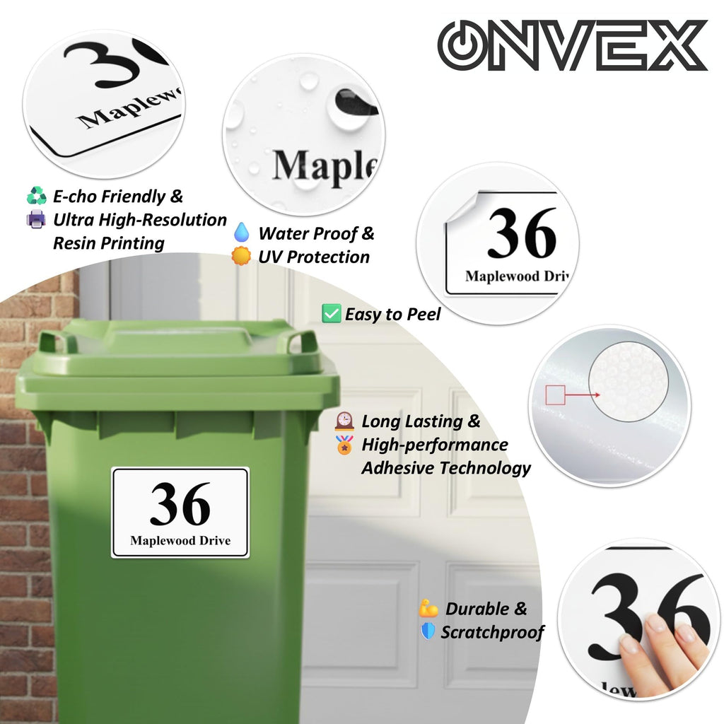 Set of 4 Personalised Wheelie Bin Stickers, Custom Bin Number Stickers with House Number and Street Name, Waterproof Labels for Rubbish and Recycling Bins, Easy Apply, 100 x 150mm (Style - Classic)
