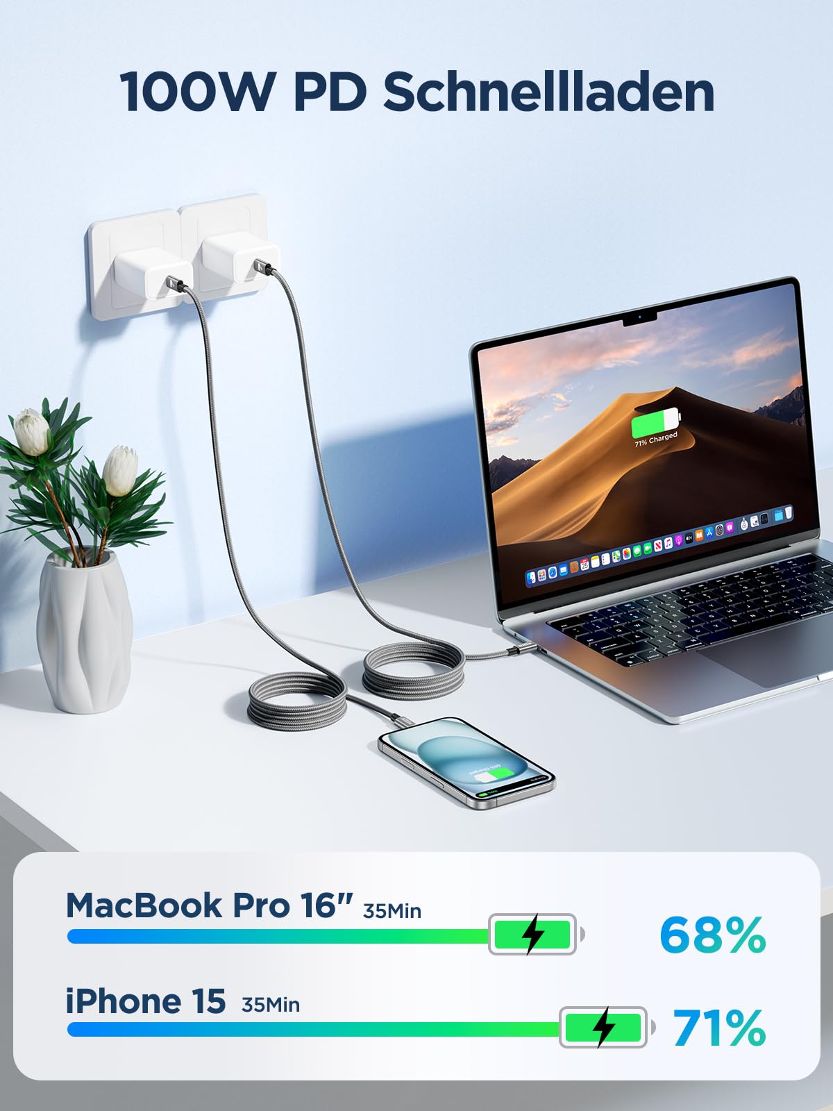 100W USB C to USB C, Fast Charging Cable 3M Long Type C Cable C to C Charger Fast Charg Lead Usbc to Usbc for iPhone 16 15 Pro Max Plus MacBook iPad Pro/Air Samsung Galaxy S23/S22/S21 Google Pixel