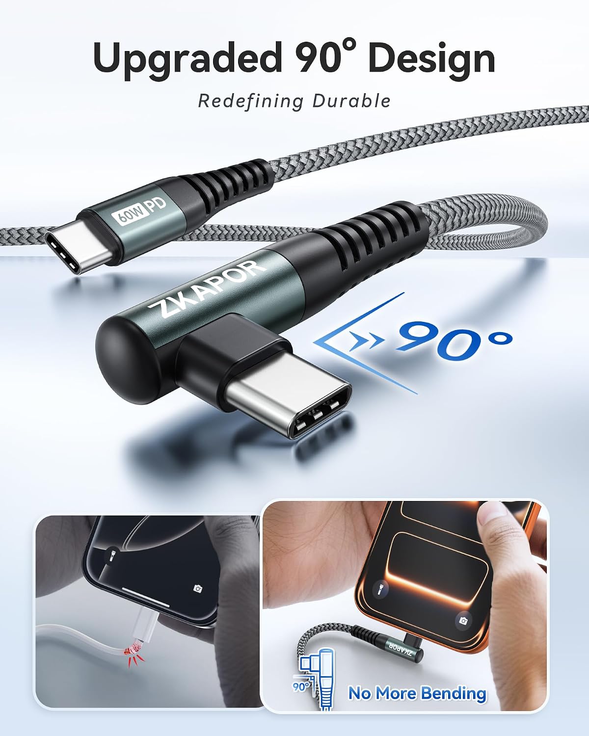 ZKAPOR USB C to USB C Cable 2Pack 3M, 60W Fast Type C Cable Right Angle