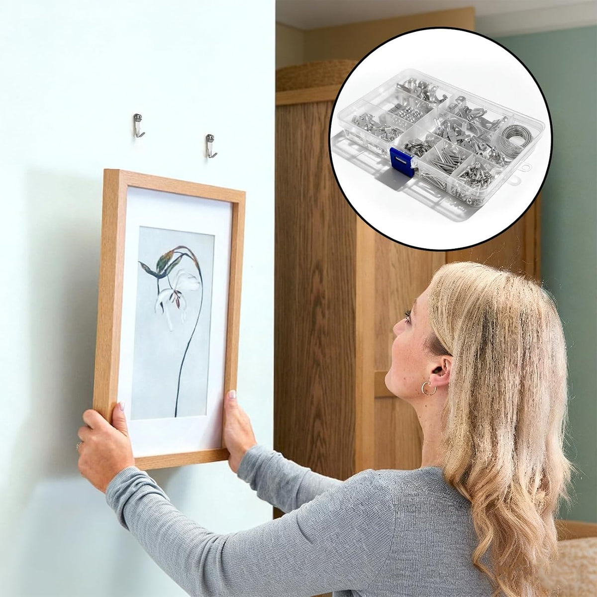 300pcs Picture Hooks Picture Hanging Kit for Picture Frame Fixing Hard Walls Photo Hooks Assorted Picture Hanger Set with Saw Tooth, D-Ring, Nails, Wire,Screws