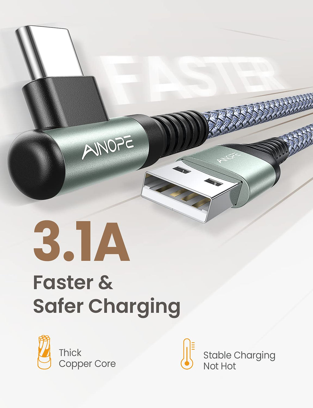 AINOPE 2-Pack 0.5ft USB C Cable, 3.1A Fast Charging, Right Angle, Durable Nylon Braided, Compatible with Galaxy S22 S21 Plus S20, Note 10 9 LG, Type C Charger
