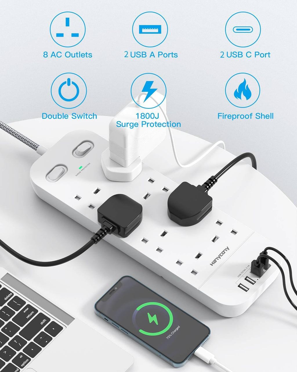 Extension Lead with 2 USB C Slots, 8 Way Power Strip Surge Protector