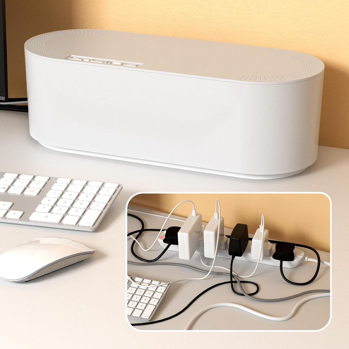 D-Line Cable Tidy Box, Hide Extension Blocks, Desk Cable Management, Organise TV Cables - 415mm (L) x 165mm (W) x 135mm (H) - Large, White