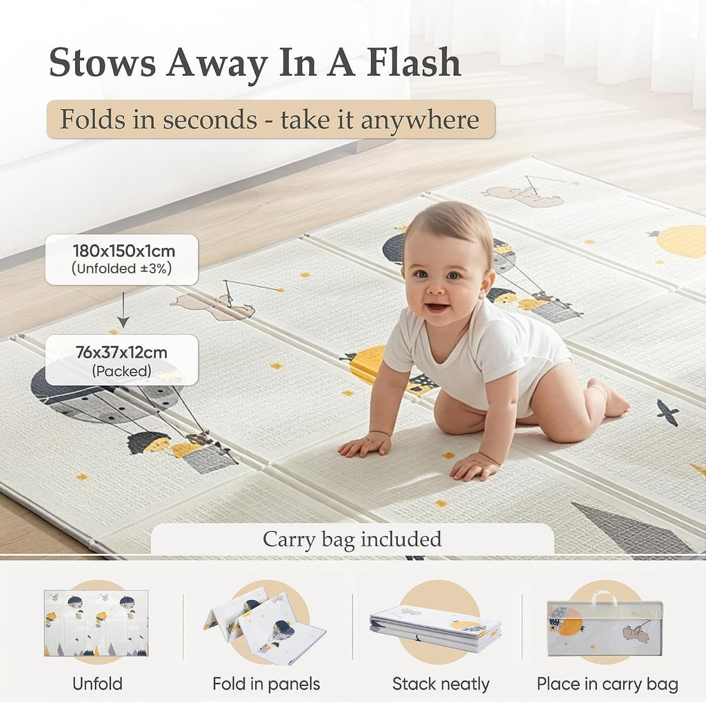 Foldable Play Mat – Large Reversible Baby Play Mat 180x150 cm | Waterproof XPE Foam Baby Playmat & Crawling Mat for Newborn to Toddler | Tummy Time & Baby Mats for Floor Play