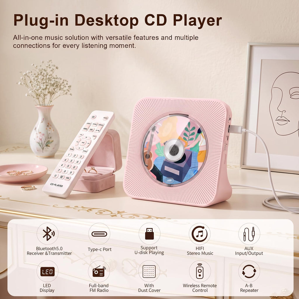 Portable CD Player with Bluetooth, Gueray Desktop CD Players for Home, Bulit-in Double HiFi Speakers, AUX&Headphone Jack, FM Radio Boombox with Remote Control, USB Port,LCD Display (White)