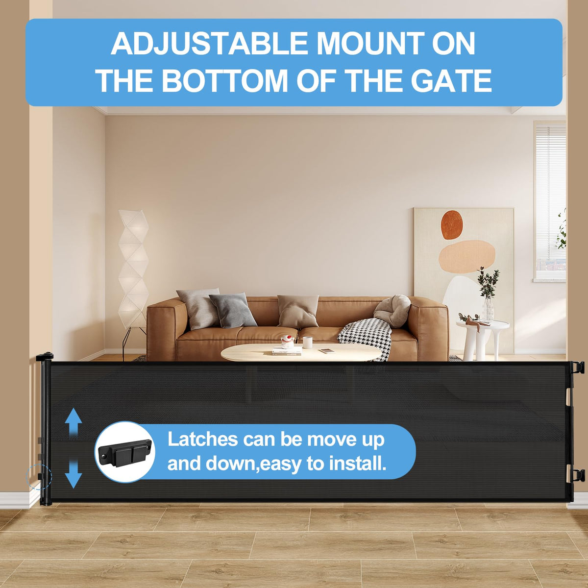 Retractable Mesh Baby & Dog Gate for Stairs, 86cm Tall x 140cm Wide, Black