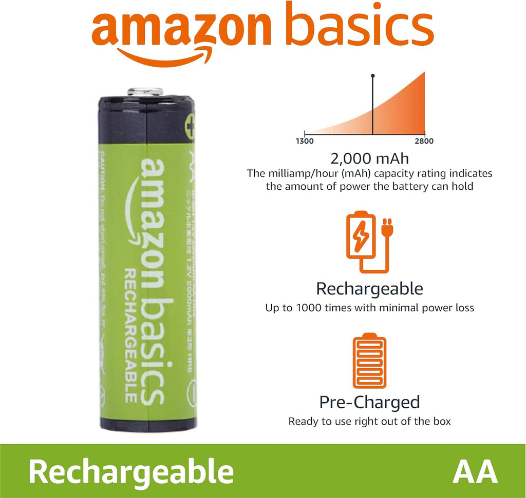 Amazon Basics 16-Pack Rechargeable AA NiMH Batteries, 2000 mAh, 1.2V, Recharge up to 1000x Times, Pre-Charged