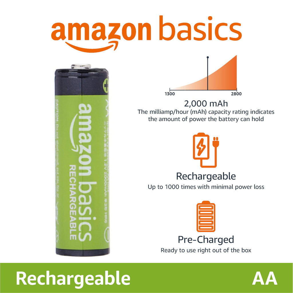 Amazon Basics 16-Pack Rechargeable AA NiMH Batteries, 2000 mAh, 1.2V, Recharge up to 1000x Times, Pre-Charged