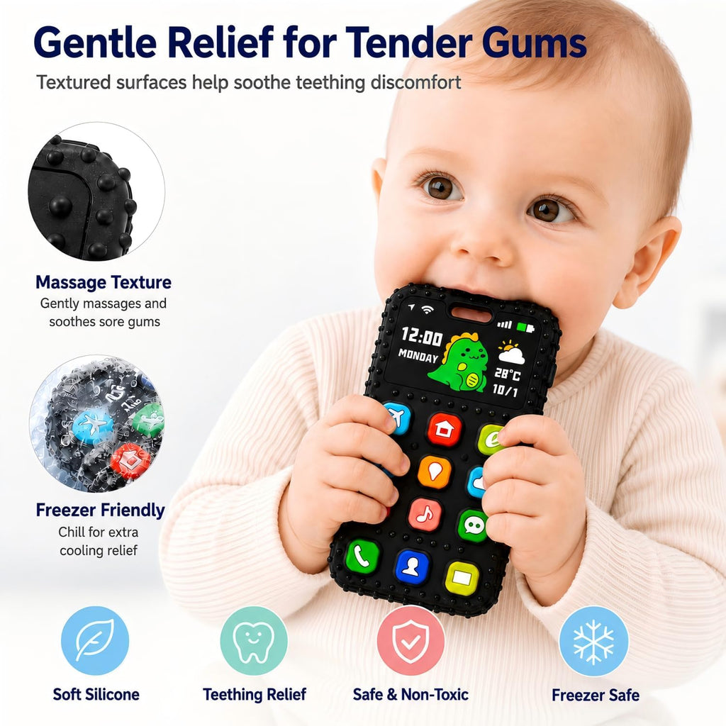 Teething Relief Teethers Toys for Babies 3-6 12 Months Gifts, Silicone Remote Control Baby Teether Bath Toys for 3 6 9 Months Newborn Infant Boy Girl Autism, Food Grade Silicone Sensory Toys, Black