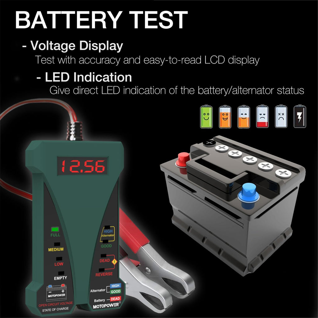 MOTOPOWER MP0514D 12V Digital Battery Tester Voltmeter and Alternator Charging System Analyzer with LCD Display and LED Indication, Orange Rubber Paint